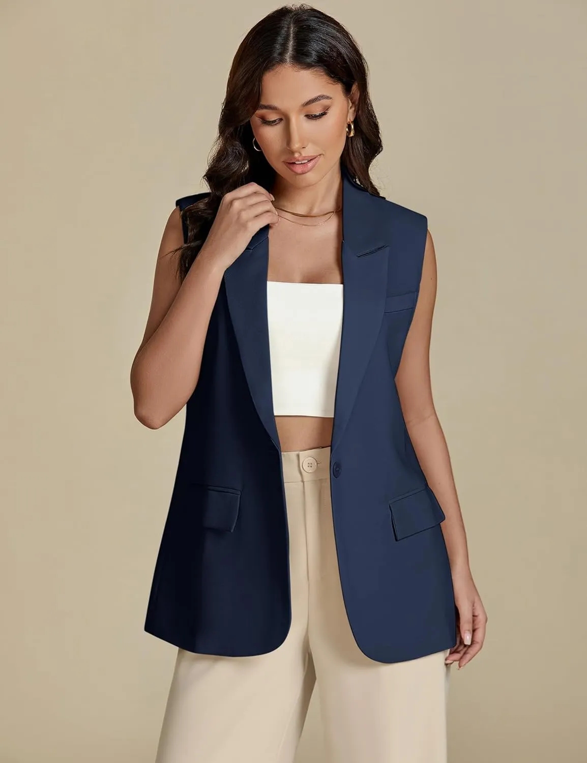 luvamia Long Vest for Women 2025 Spring Business Casual Sleeveless Open Front Blazers Suit Vests Top Pockets Work Office