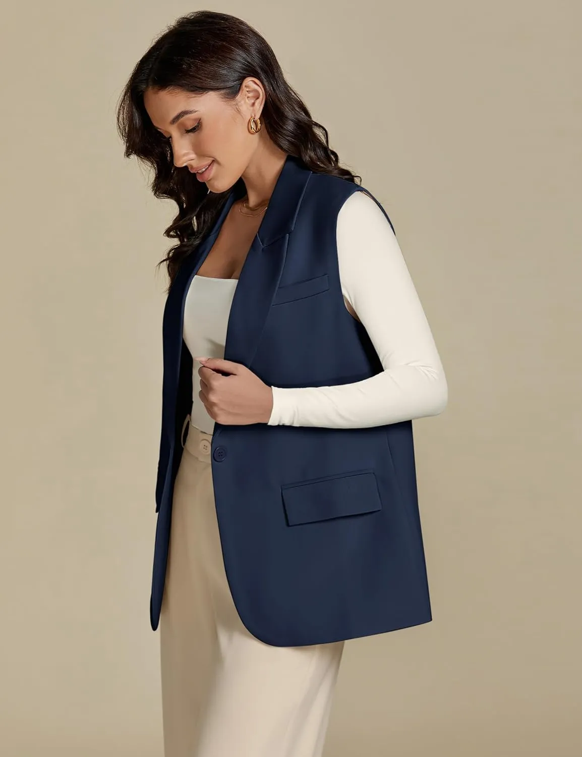 luvamia Long Vest for Women 2025 Spring Business Casual Sleeveless Open Front Blazers Suit Vests Top Pockets Work Office