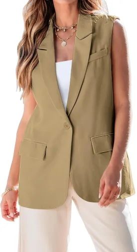 luvamia Long Vest for Women 2025 Spring Business Casual Sleeveless Open Front Blazers Suit Vests Top Pockets Work Office