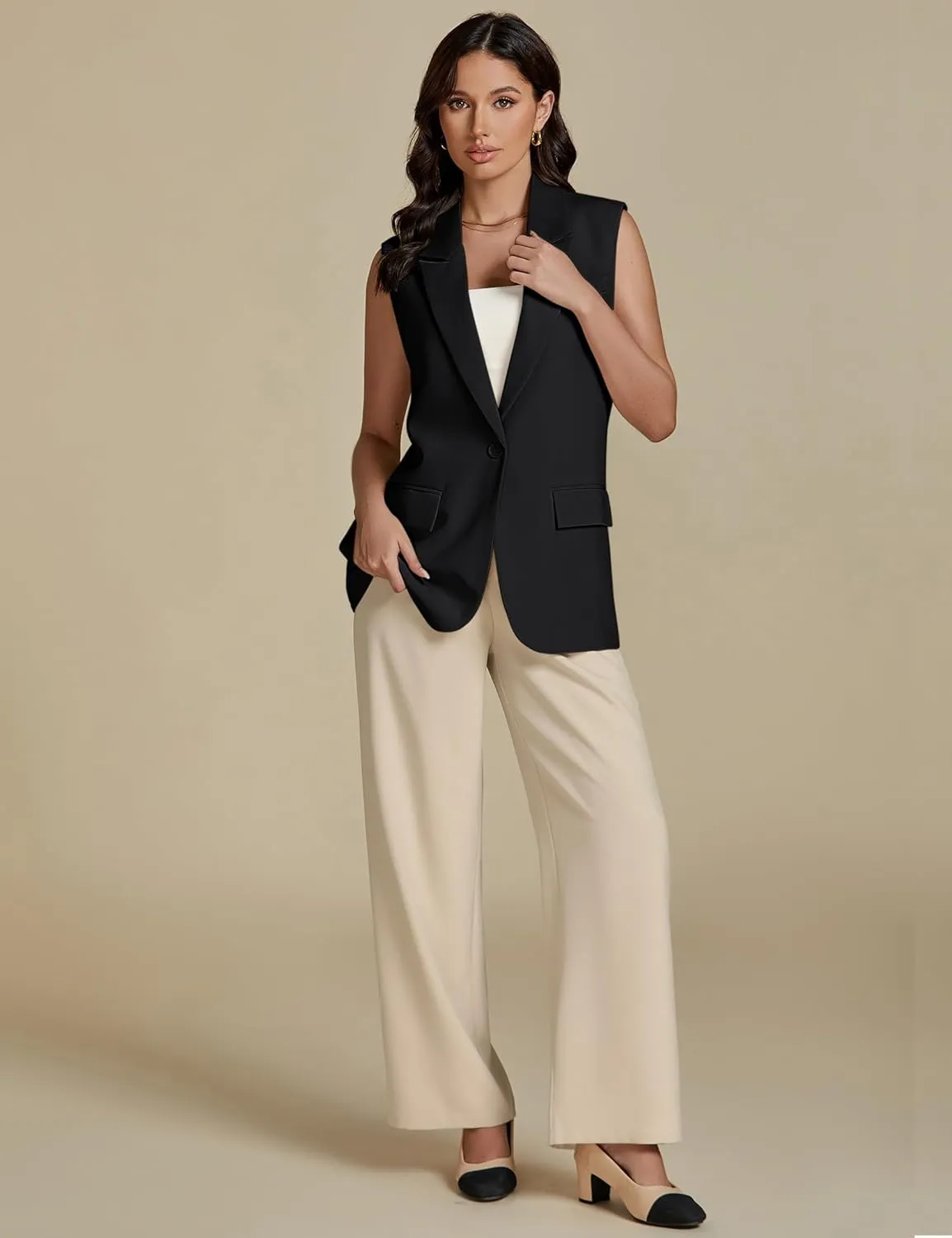 luvamia Long Vest for Women 2025 Spring Business Casual Sleeveless Open Front Blazers Suit Vests Top Pockets Work Office