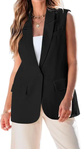 luvamia Long Vest for Women 2025 Spring Business Casual Sleeveless Open Front Blazers Suit Vests Top Pockets Work Office