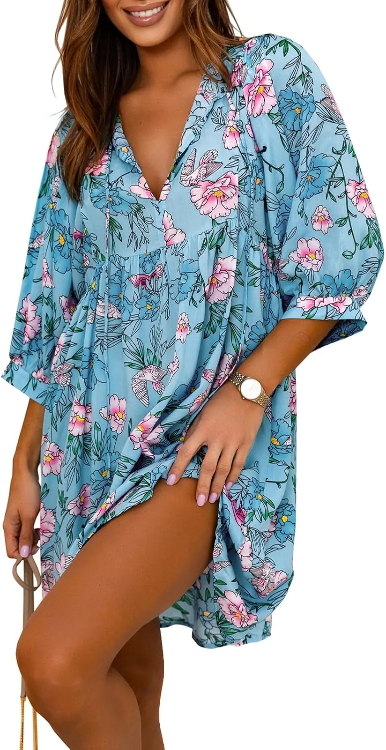 miduo Womens Casual V Neck Summer Half Sleeve Bohemian Floral Mini Tunic Short Dresses