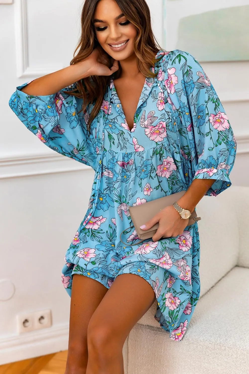miduo Womens Casual V Neck Summer Half Sleeve Bohemian Floral Mini Tunic Short Dresses