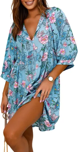 miduo Womens Casual V Neck Summer Half Sleeve Bohemian Floral Mini Tunic Short Dresses