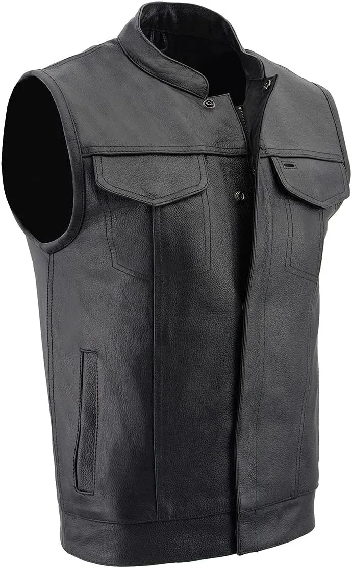 Milwaukee Leather LKM3713 Men's Black Leather Club Style Motorcycle Rider Vest W/Dual Closure Zipper and Snaps