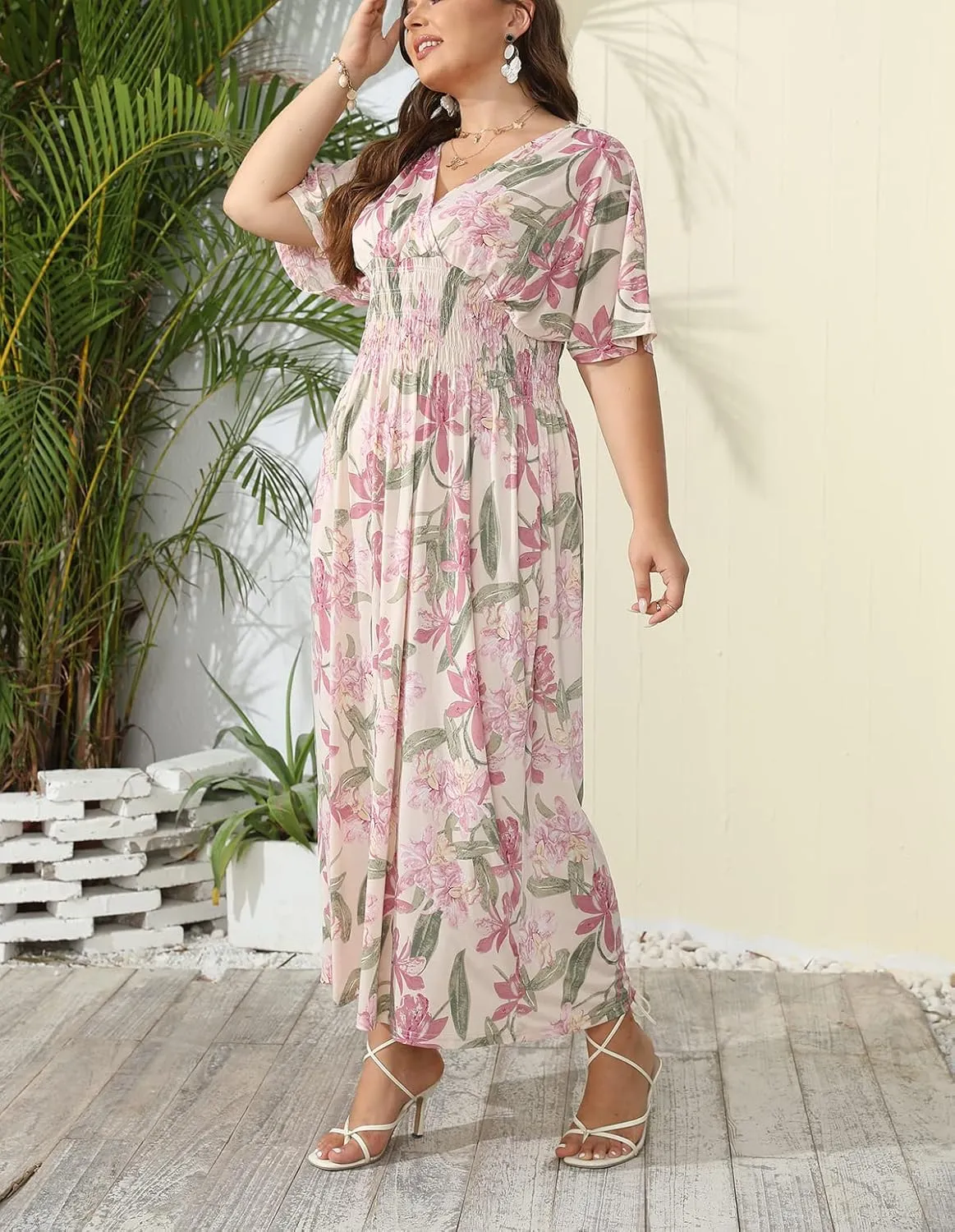 OSTOO Women's Plus Size Hawaii Empire Waist Bat Short Sleeve Casual Floral Print Boho Maxi Dress
