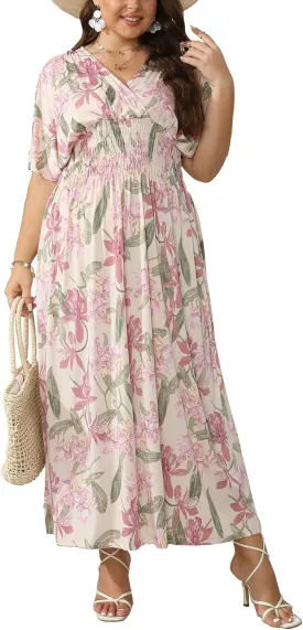 OSTOO Women's Plus Size Hawaii Empire Waist Bat Short Sleeve Casual Floral Print Boho Maxi Dress