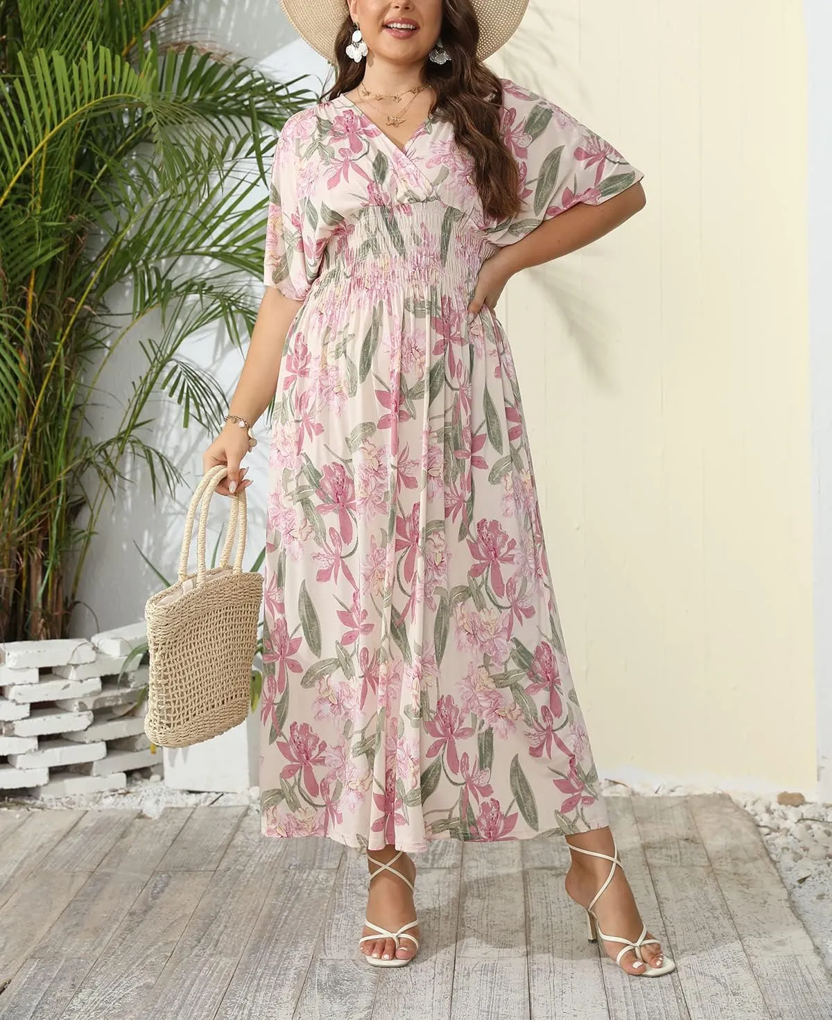 OSTOO Women's Plus Size Hawaii Empire Waist Bat Short Sleeve Casual Floral Print Boho Maxi Dress