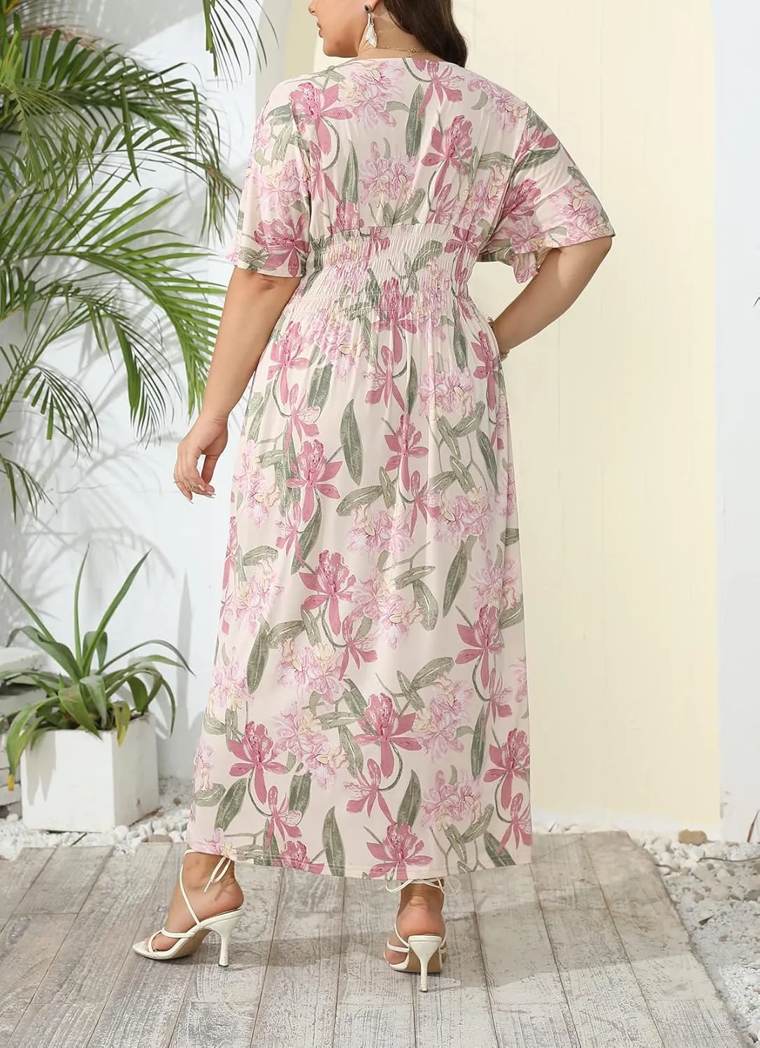 OSTOO Women's Plus Size Hawaii Empire Waist Bat Short Sleeve Casual Floral Print Boho Maxi Dress