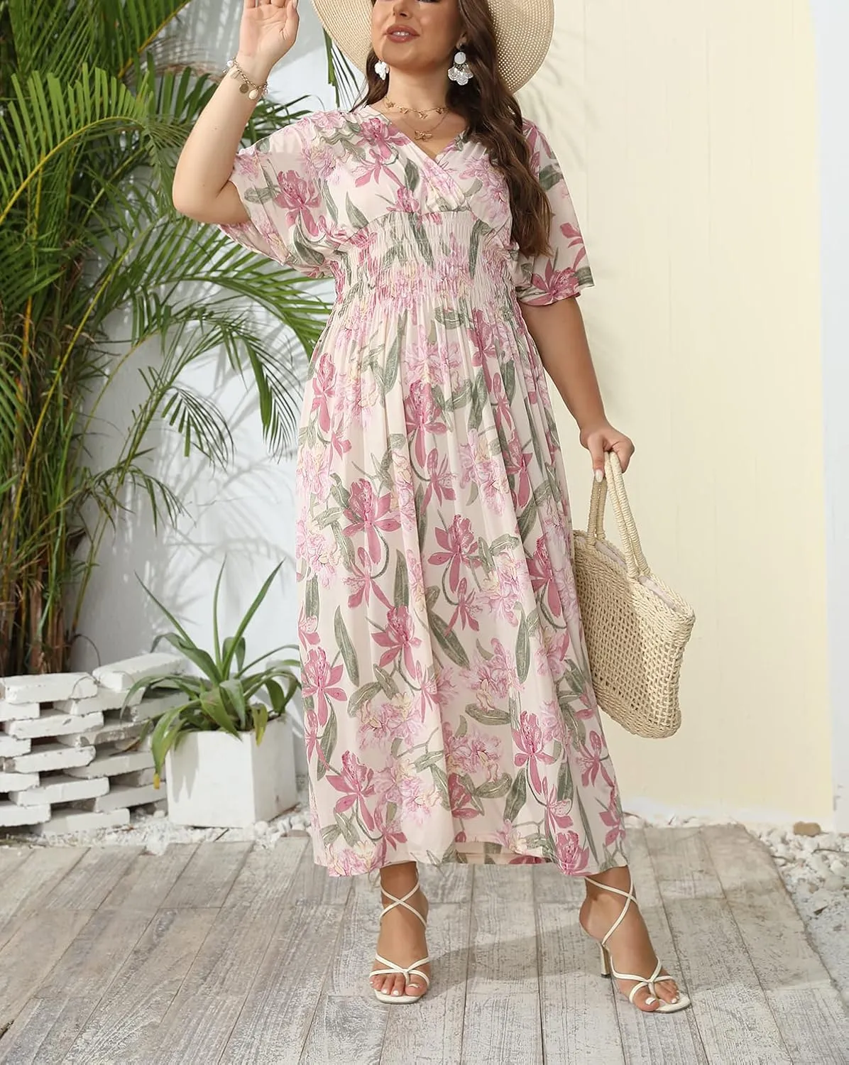 OSTOO Women's Plus Size Hawaii Empire Waist Bat Short Sleeve Casual Floral Print Boho Maxi Dress