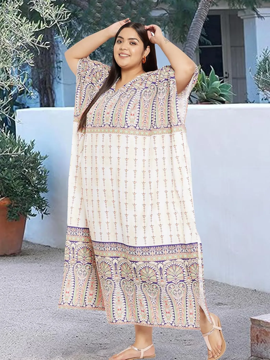 Oussum Women Polyester Casual Kaftan Long Plus Size Summer Beach Caftan Cover Ups Maxi Dresse for Ladies
