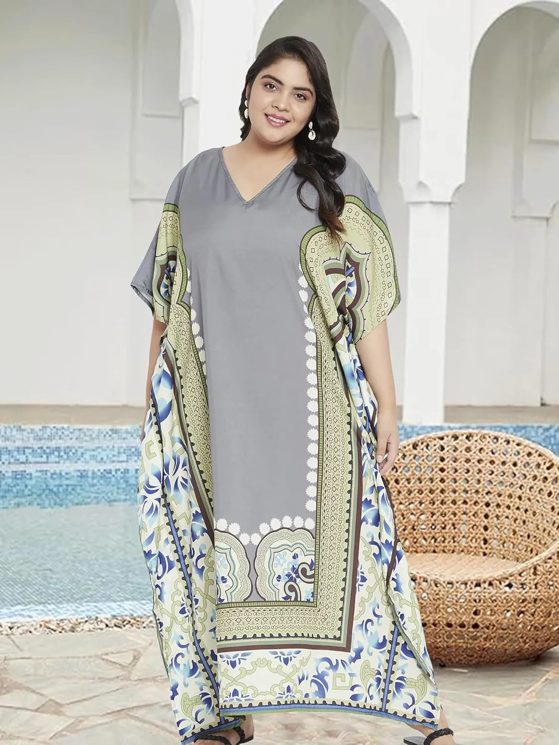 Oussum Women Polyester Casual Kaftan Long Plus Size Summer Beach Caftan Cover Ups Maxi Dresse for Ladies