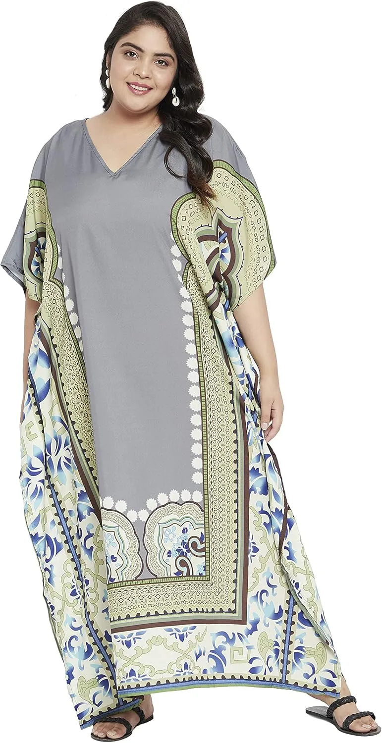 Oussum Women Polyester Casual Kaftan Long Plus Size Summer Beach Caftan Cover Ups Maxi Dresse for Ladies