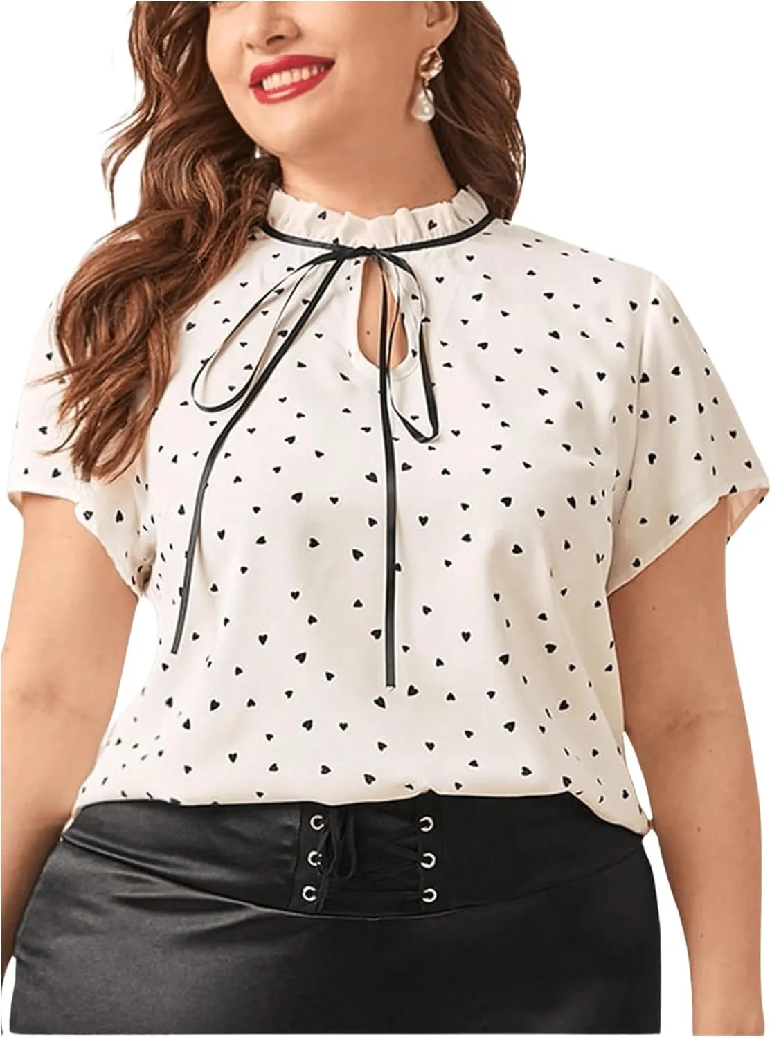 OYOANGLE Women's Plus Size Heart Print Tie Neck Short Sleeve Work Office Summer Blouse Tops