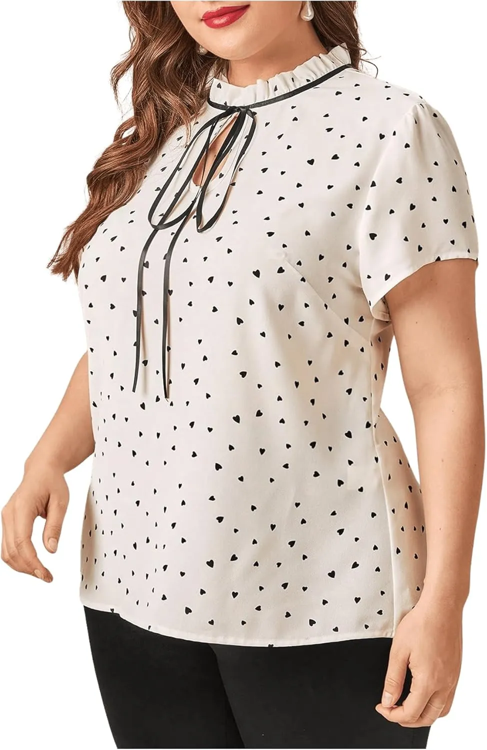 OYOANGLE Women's Plus Size Heart Print Tie Neck Short Sleeve Work Office Summer Blouse Tops