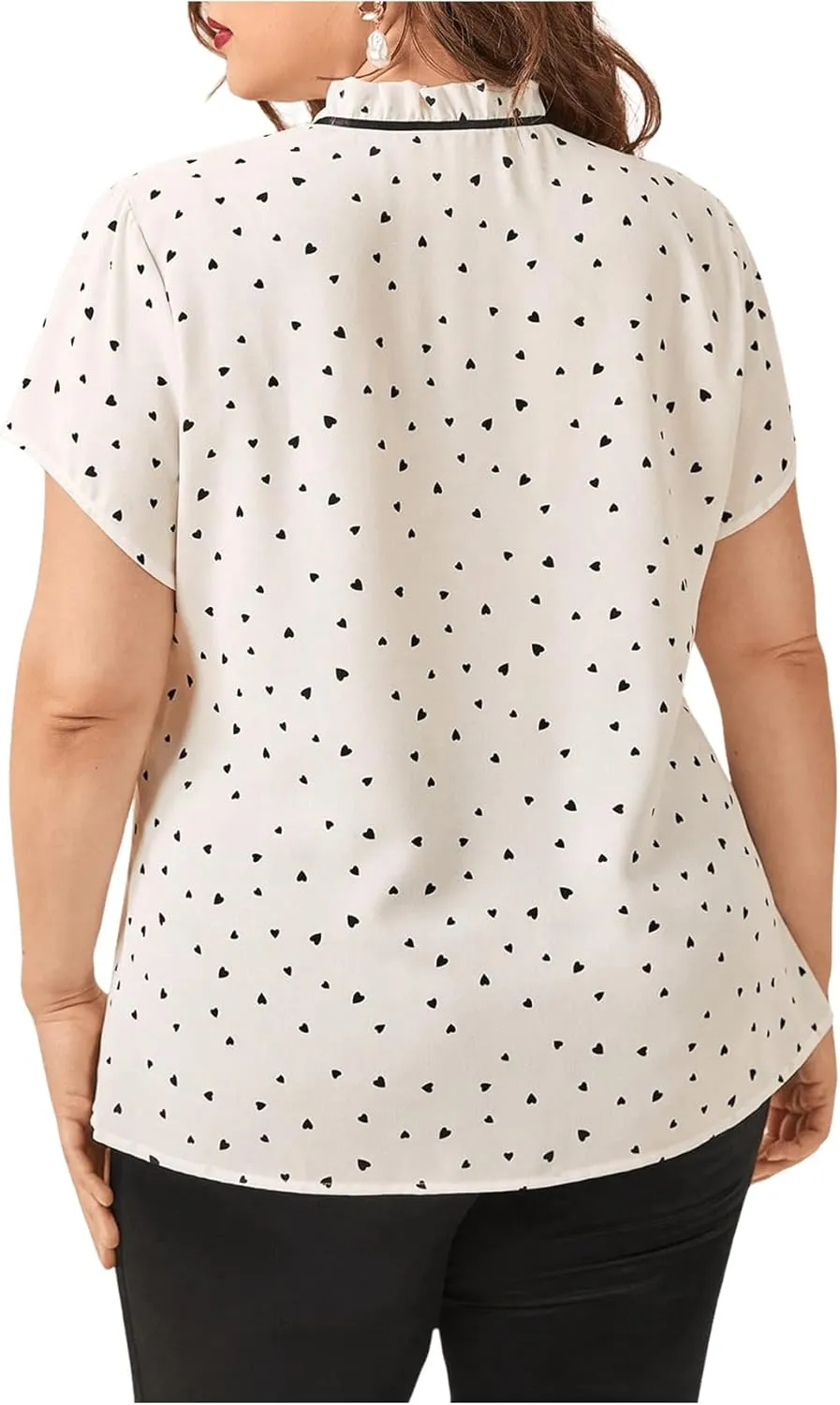 OYOANGLE Women's Plus Size Heart Print Tie Neck Short Sleeve Work Office Summer Blouse Tops