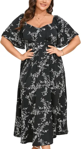 Plus Size Dress Wedding Guest Semi Formal Ruffle Short Sleeve Sweetheart Neckline Slit A Line Flowy Maxi Dresses