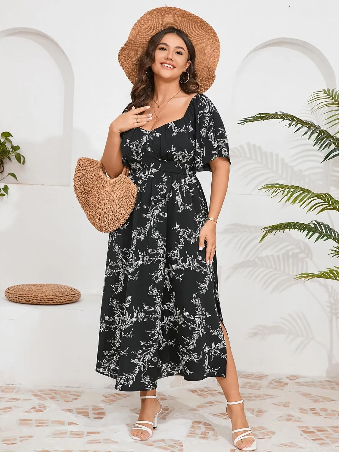 Plus Size Dress Wedding Guest Semi Formal Ruffle Short Sleeve Sweetheart Neckline Slit A Line Flowy Maxi Dresses