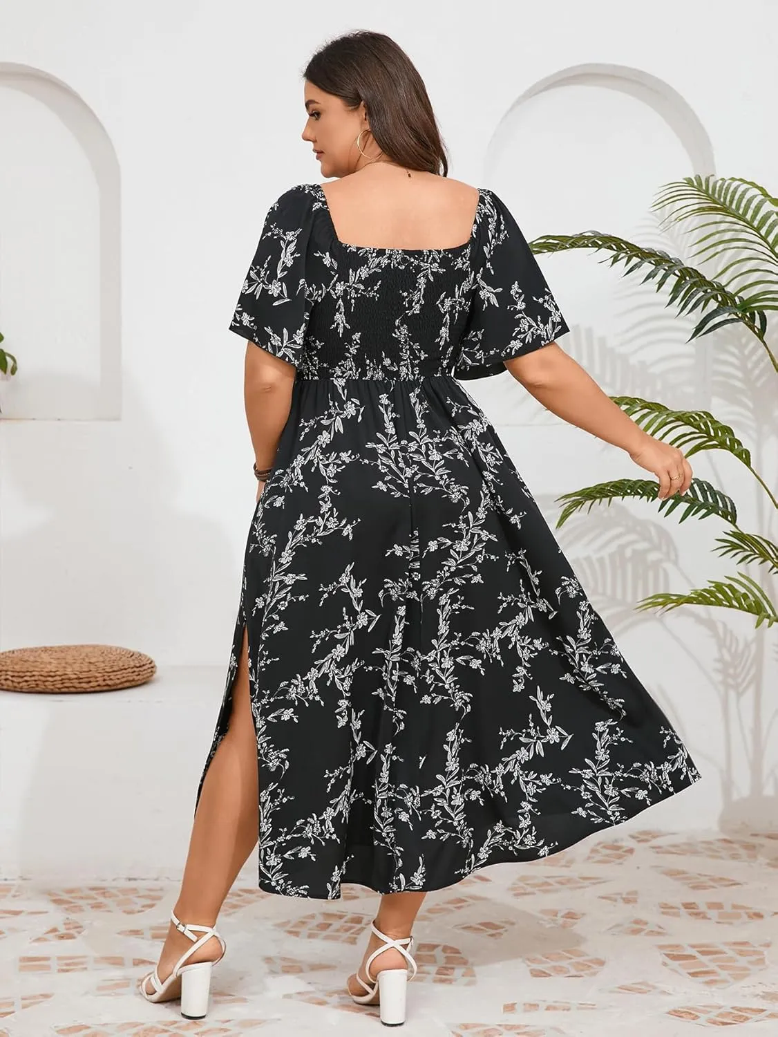 Plus Size Dress Wedding Guest Semi Formal Ruffle Short Sleeve Sweetheart Neckline Slit A Line Flowy Maxi Dresses
