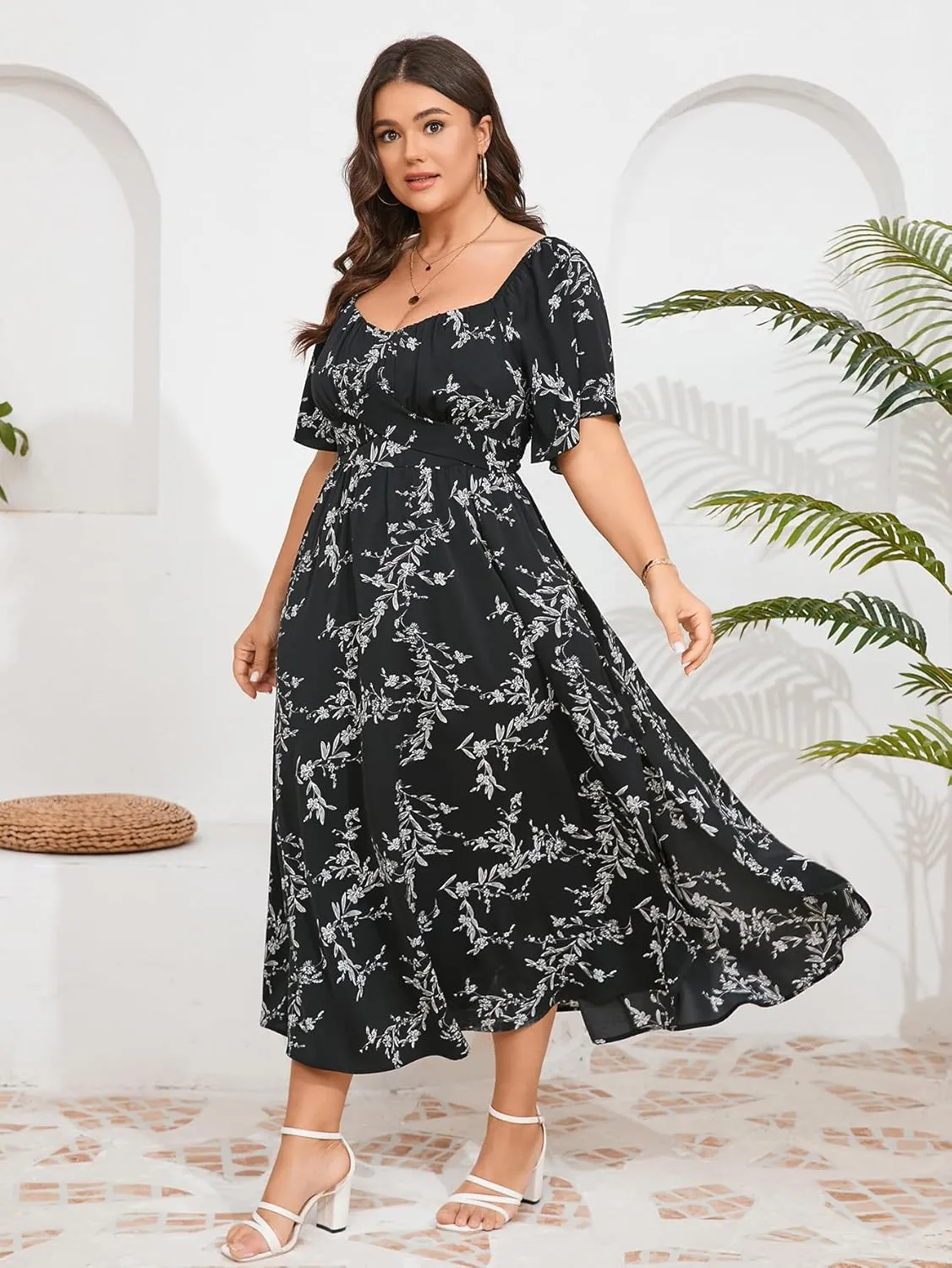 Plus Size Dress Wedding Guest Semi Formal Ruffle Short Sleeve Sweetheart Neckline Slit A Line Flowy Maxi Dresses