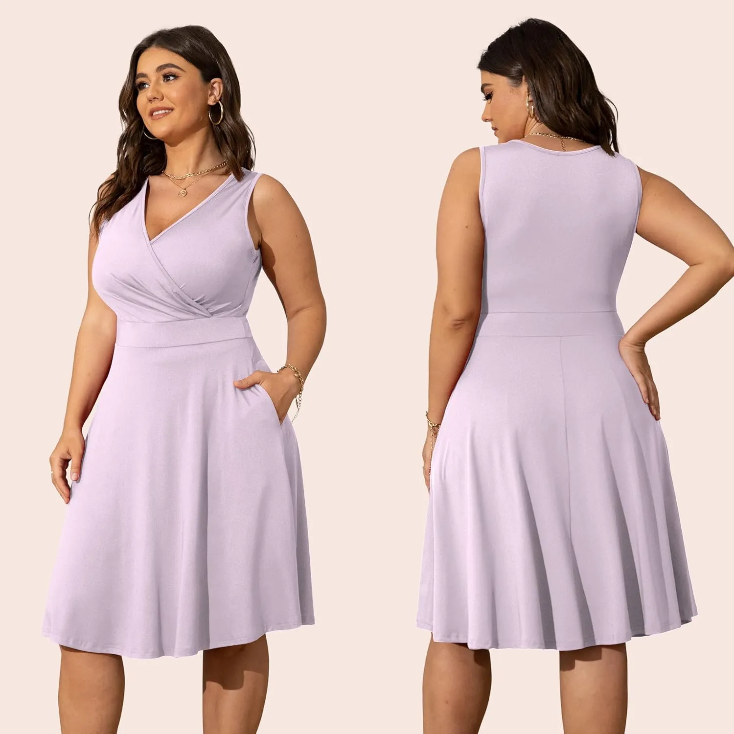 POSESHE Womens Plus Size Dresses Sleeveless Wrap V-Neck Sundress Casual Summer Wedding Guest Cocktail Dress with Pockets