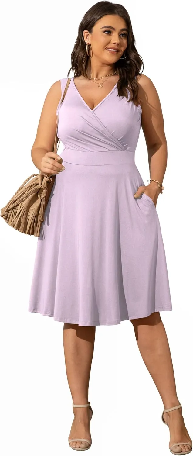 POSESHE Womens Plus Size Dresses Sleeveless Wrap V-Neck Sundress Casual Summer Wedding Guest Cocktail Dress with Pockets