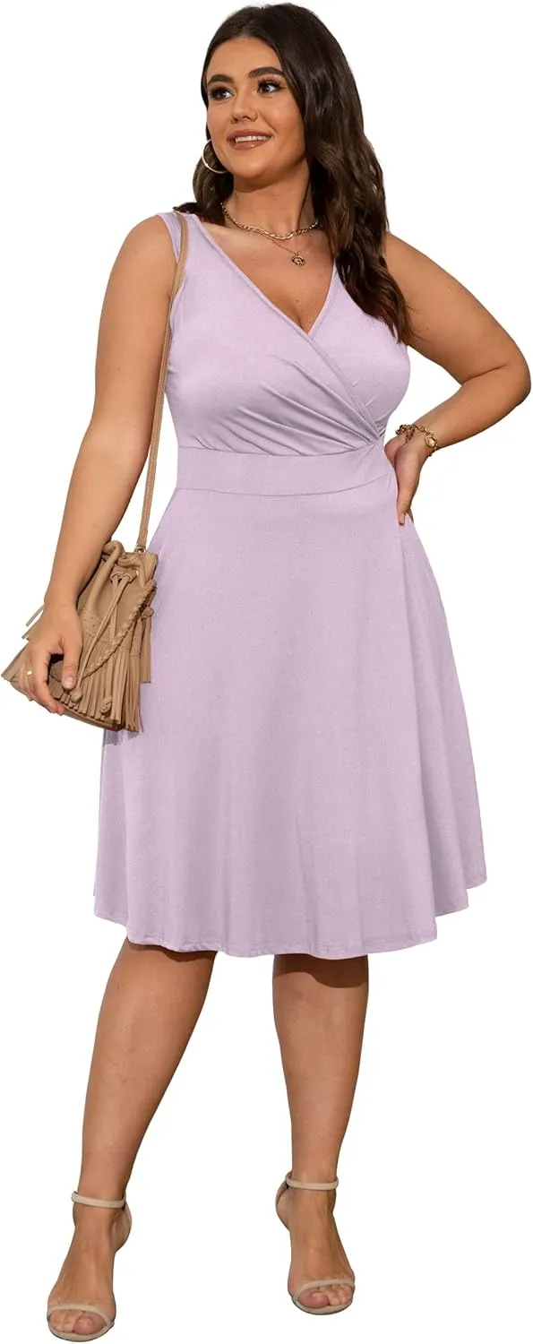 POSESHE Womens Plus Size Dresses Sleeveless Wrap V-Neck Sundress Casual Summer Wedding Guest Cocktail Dress with Pockets