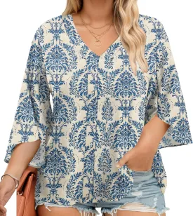 Romanstii Plus Size 3/4 Length Sleeve Womens Tops V-Neck Flowy Blouses Business Casual Summer Shirts 2025