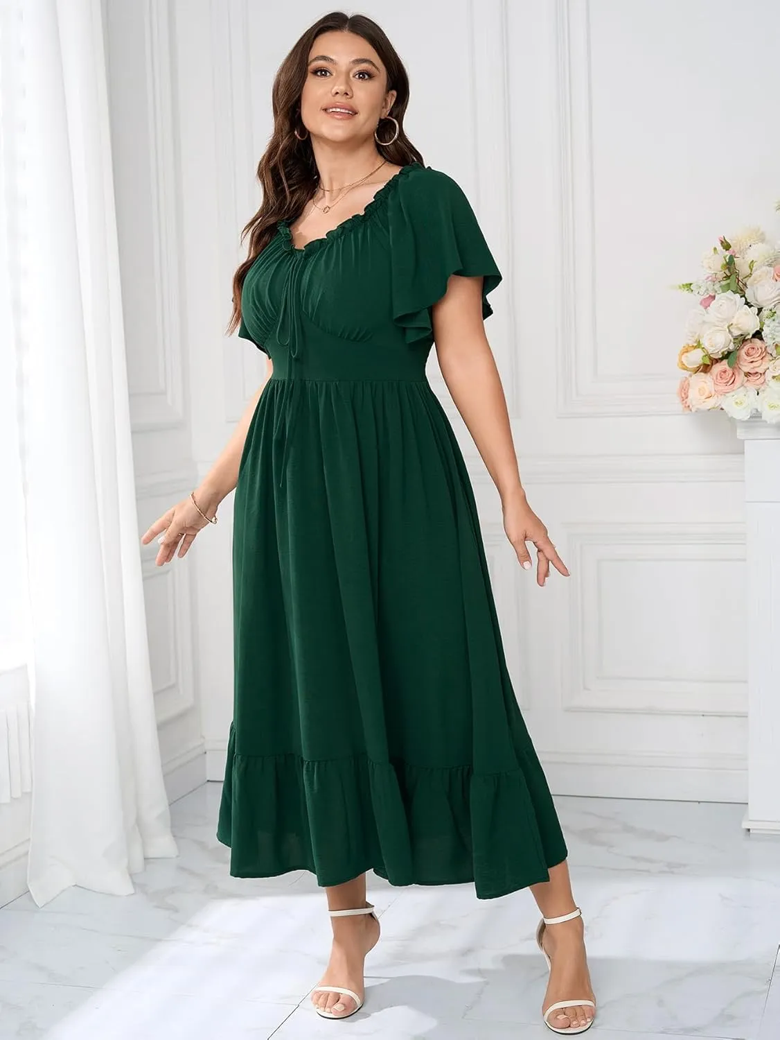 SCOMCHIC Womens Plus Size Dresses Short Sleeve Elastic V Neck Smocked Summer Ruffle Flowy A Line Maxi Dress