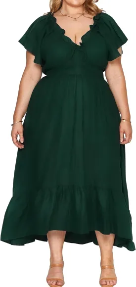 SCOMCHIC Womens Plus Size Dresses Short Sleeve Elastic V Neck Smocked Summer Ruffle Flowy A Line Maxi Dress