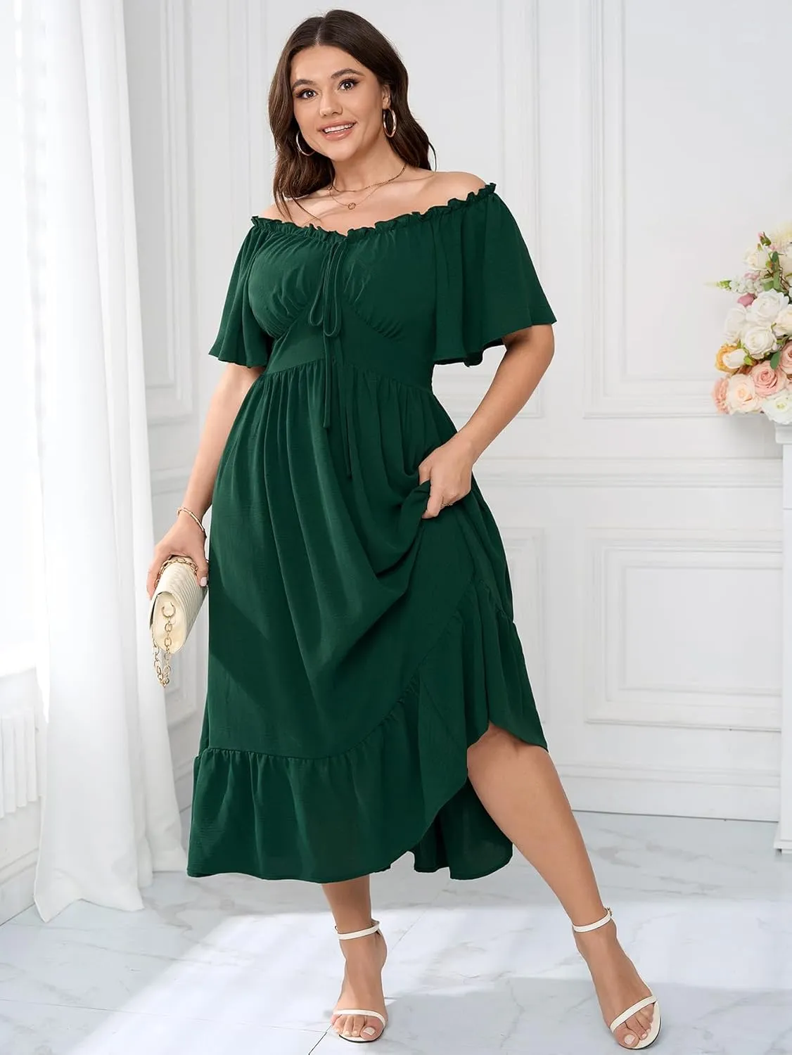 SCOMCHIC Womens Plus Size Dresses Short Sleeve Elastic V Neck Smocked Summer Ruffle Flowy A Line Maxi Dress