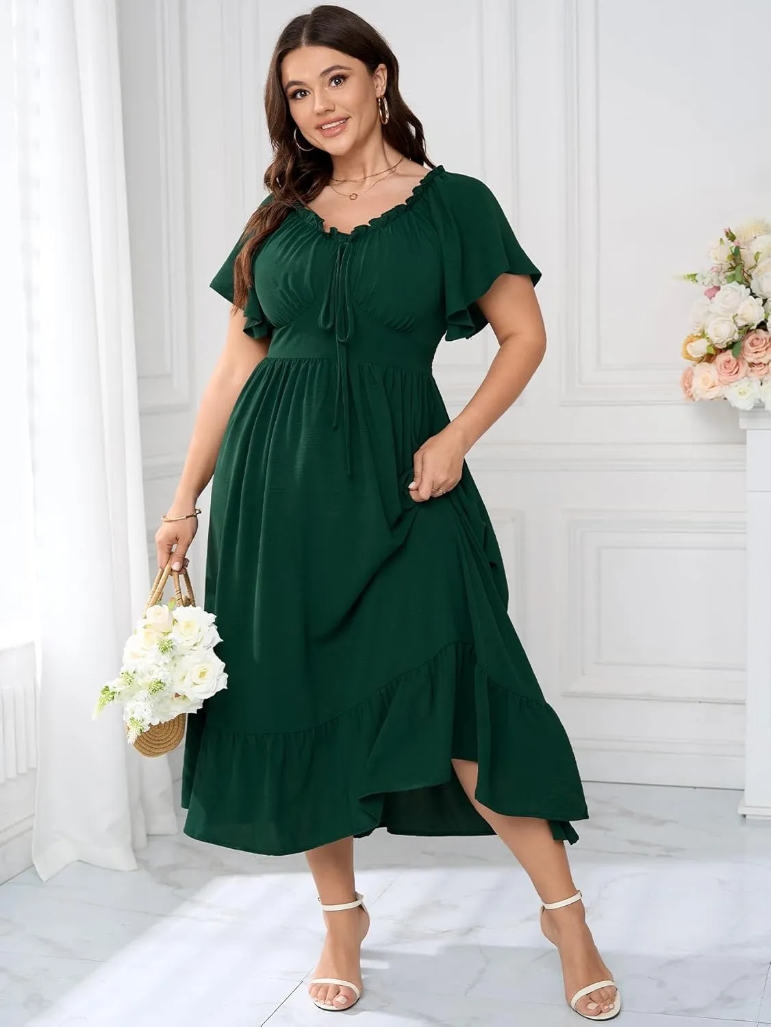 SCOMCHIC Womens Plus Size Dresses Short Sleeve Elastic V Neck Smocked Summer Ruffle Flowy A Line Maxi Dress