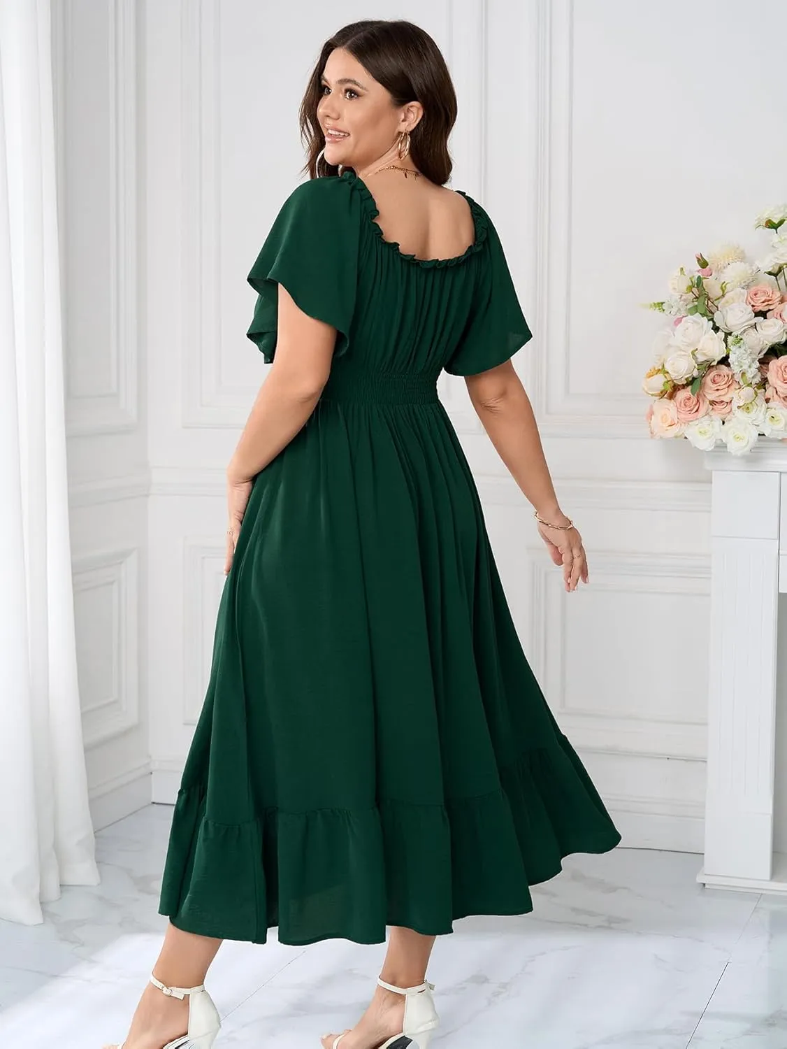 SCOMCHIC Womens Plus Size Dresses Short Sleeve Elastic V Neck Smocked Summer Ruffle Flowy A Line Maxi Dress
