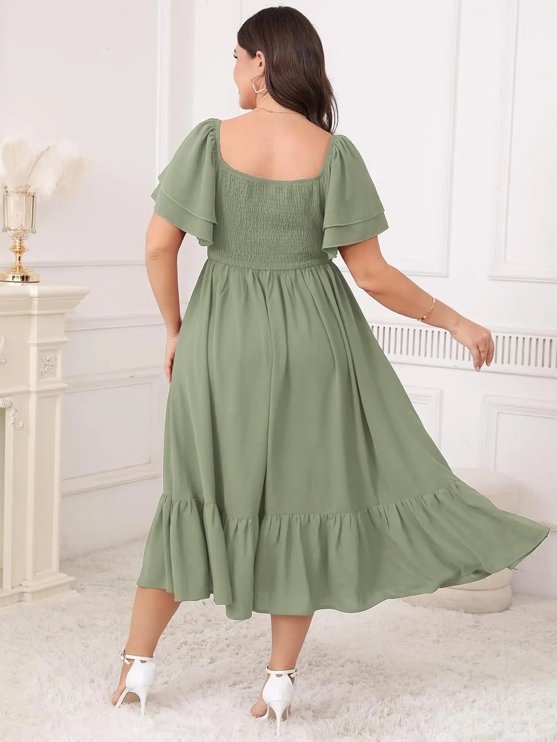 SCOMCHIC Womens Plus Size Wedding Guest Cocktail Dresses Sweetheart Neckline Short Sleeve Smocked Ruffle Slit Maxi Dress