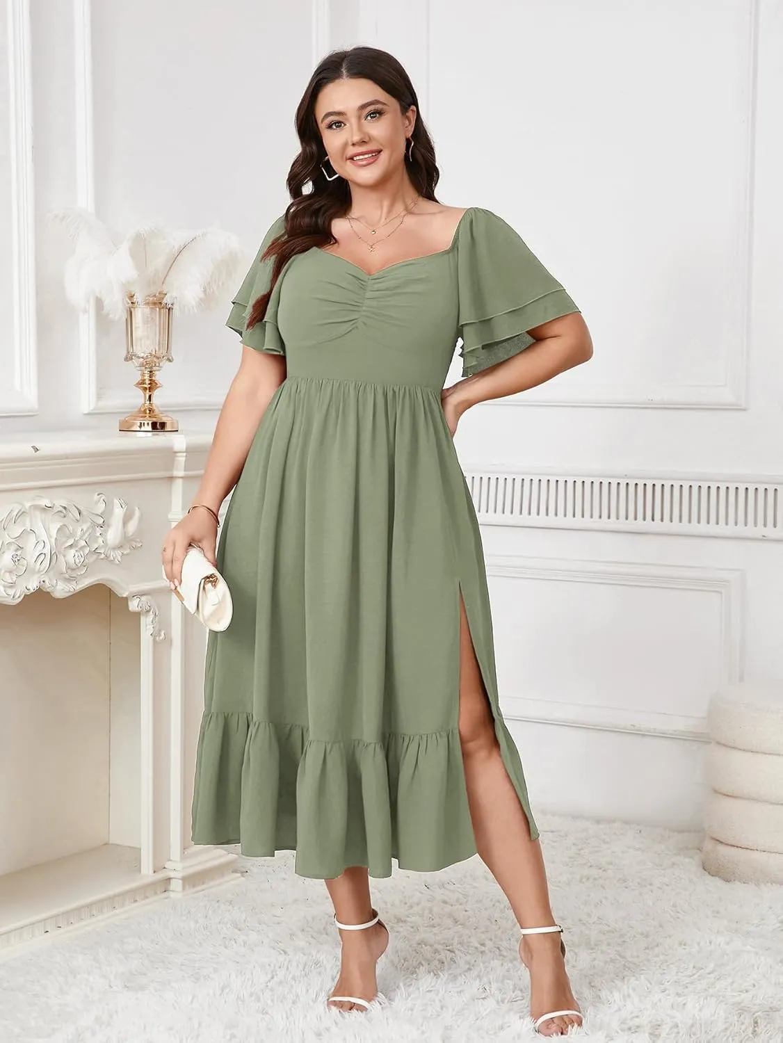 SCOMCHIC Womens Plus Size Wedding Guest Cocktail Dresses Sweetheart Neckline Short Sleeve Smocked Ruffle Slit Maxi Dress