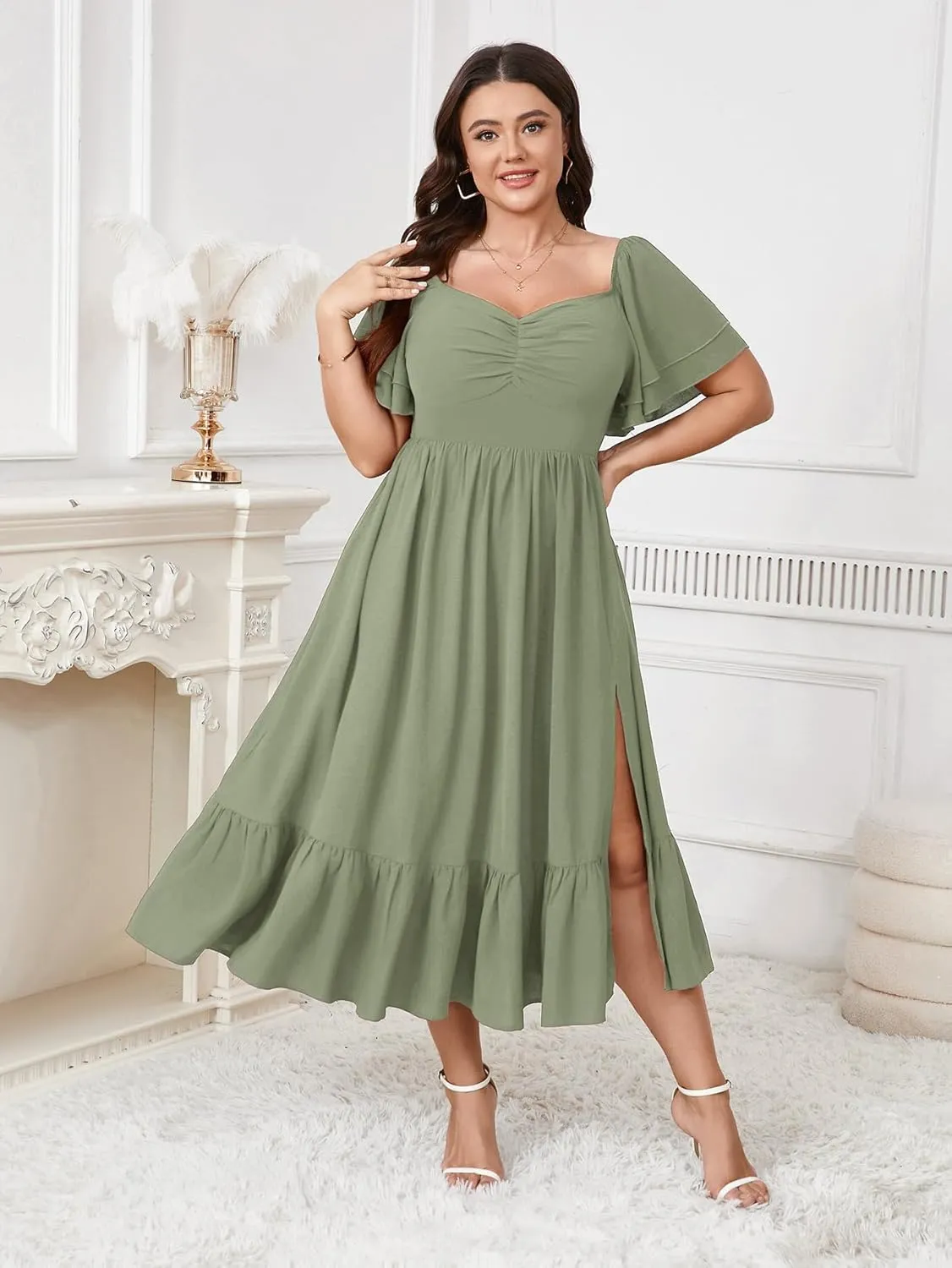SCOMCHIC Womens Plus Size Wedding Guest Cocktail Dresses Sweetheart Neckline Short Sleeve Smocked Ruffle Slit Maxi Dress