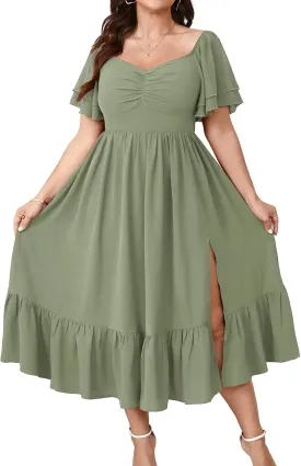 SCOMCHIC Womens Plus Size Wedding Guest Cocktail Dresses Sweetheart Neckline Short Sleeve Smocked Ruffle Slit Maxi Dress