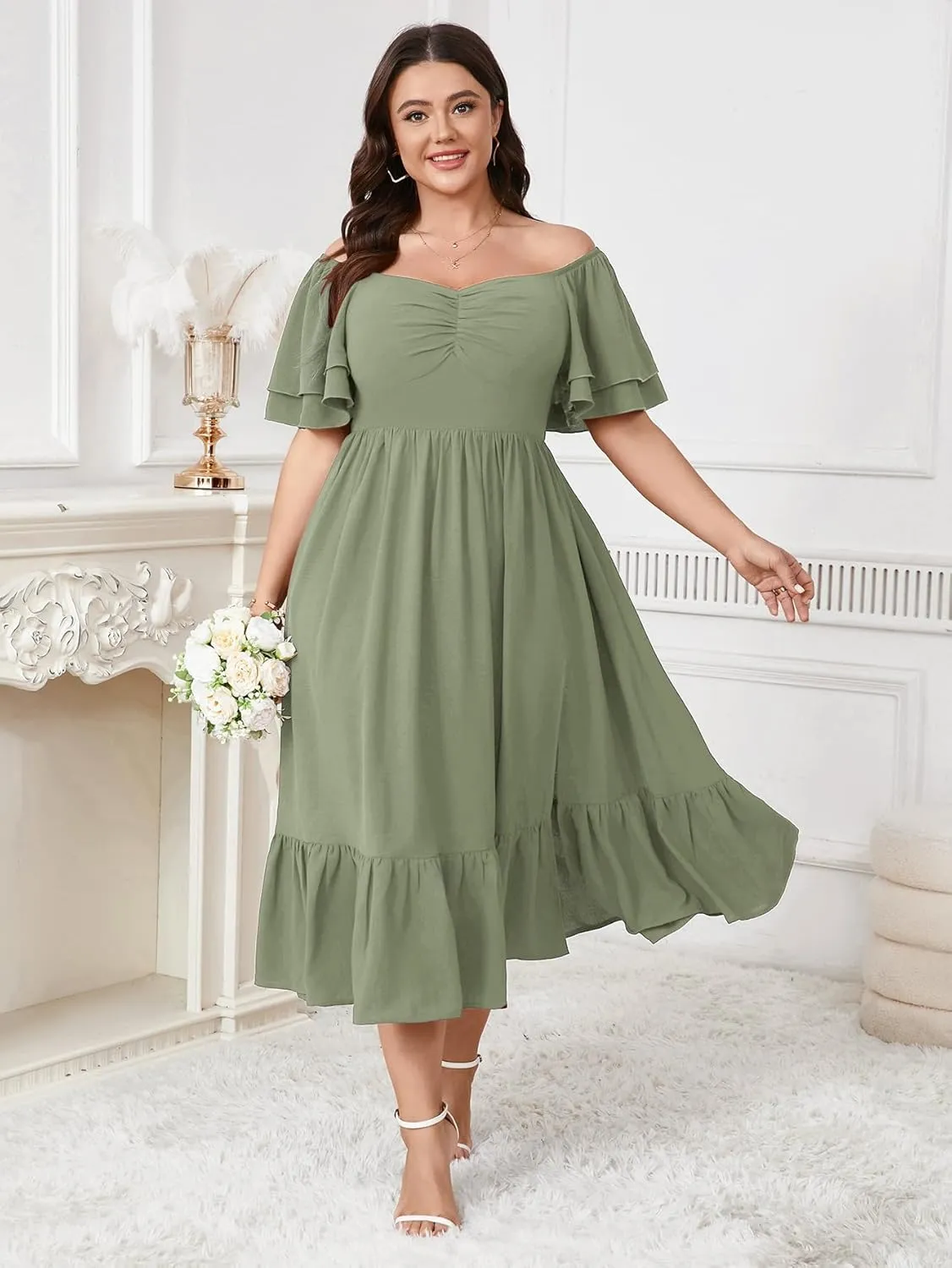 SCOMCHIC Womens Plus Size Wedding Guest Cocktail Dresses Sweetheart Neckline Short Sleeve Smocked Ruffle Slit Maxi Dress