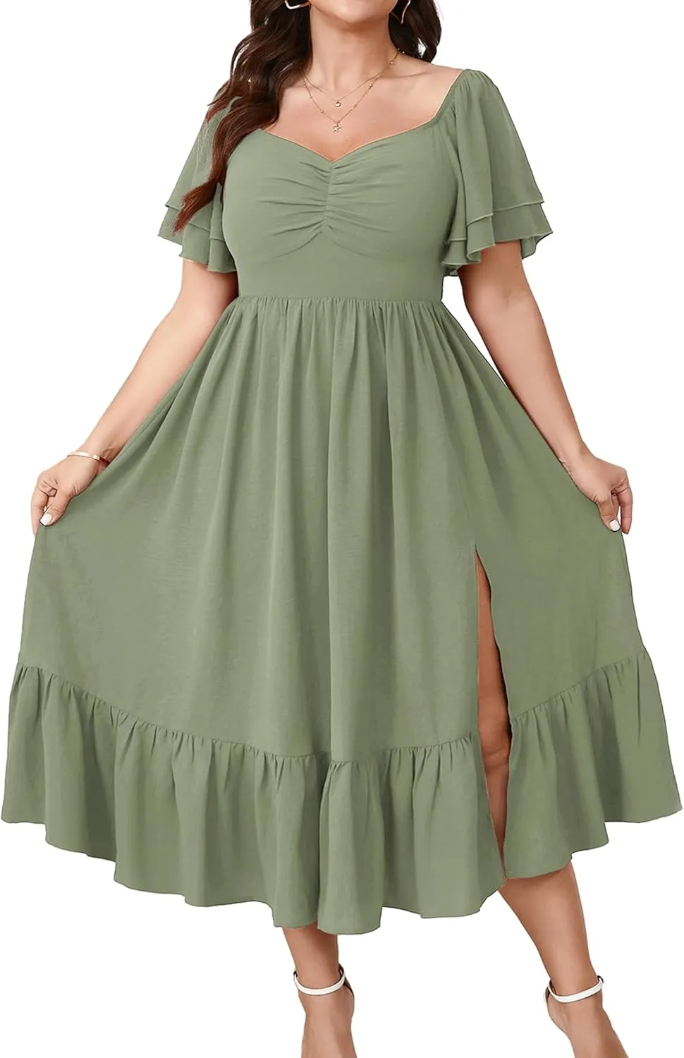 SCOMCHIC Womens Plus Size Wedding Guest Cocktail Dresses Sweetheart Neckline Short Sleeve Smocked Ruffle Slit Maxi Dress