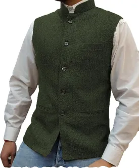 Tuikayoo Mens Herringbone Wool Vests Suit Business Tweed High Collar Waistcoats Slim Fit