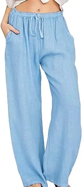 utcoco Women's Cotton Linen Drawstring High Waisted Pants Casual Loose Fit Wide Leg Trousers