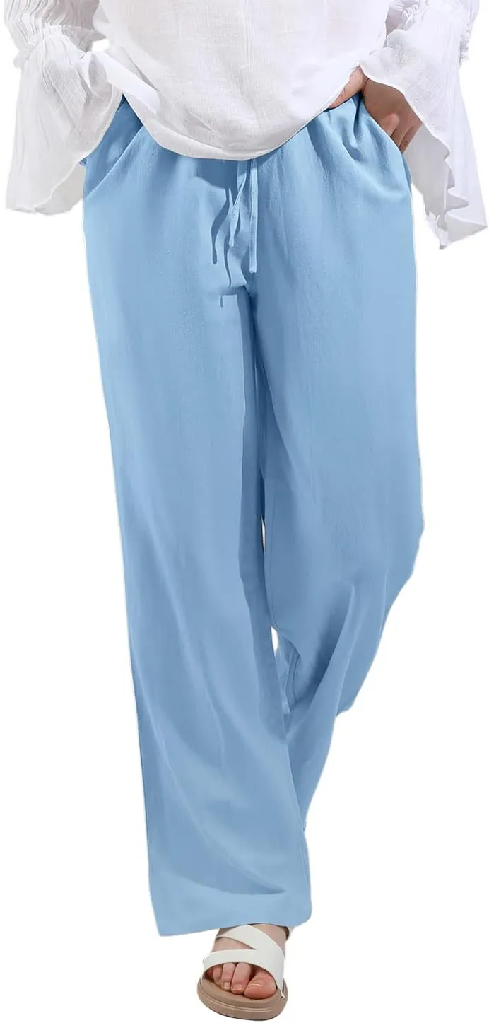 utcoco Women's Cotton Linen Drawstring High Waisted Pants Casual Loose Fit Wide Leg Trousers