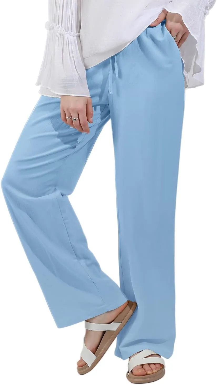 utcoco Women's Cotton Linen Drawstring High Waisted Pants Casual Loose Fit Wide Leg Trousers