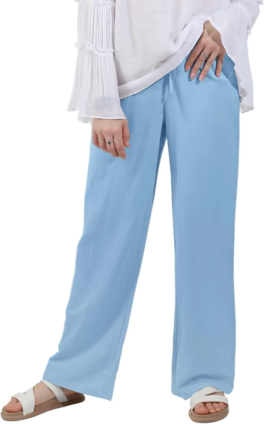 utcoco Women's Cotton Linen Drawstring High Waisted Pants Casual Loose Fit Wide Leg Trousers
