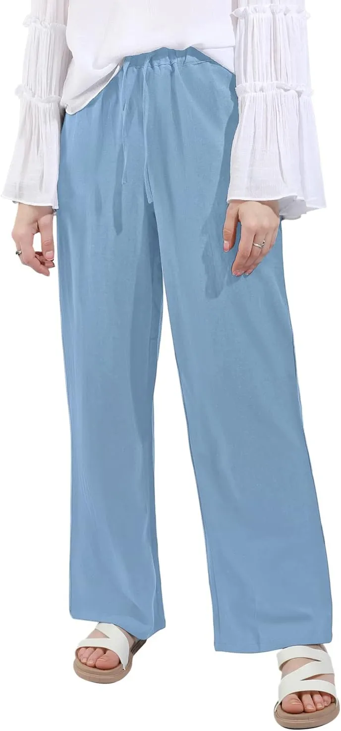 utcoco Women's Cotton Linen Drawstring High Waisted Pants Casual Loose Fit Wide Leg Trousers