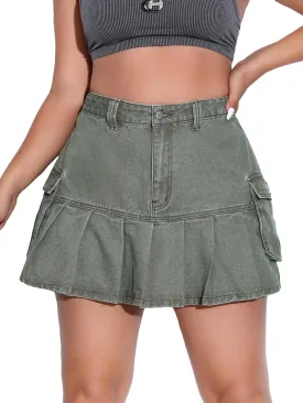 WDIRARA Women's Plus Size High Waist Button Bodycon Mini Cargo Denim Skirt with Pocket A Line Mini Jean Skirts