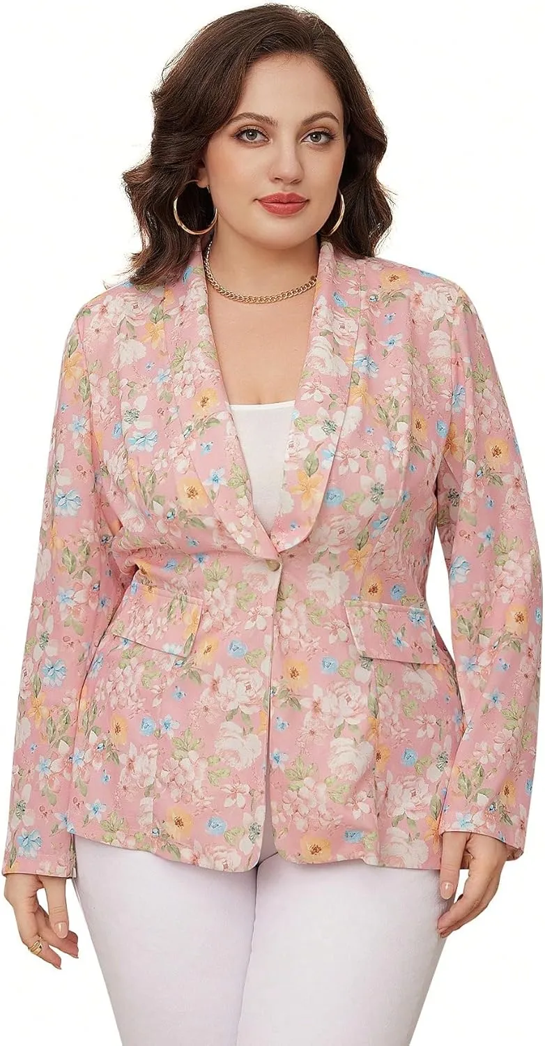 WDIRARA Women's Plus Size Lapel Collar Open Front Graffiti Graphic Button Blazer Jacket