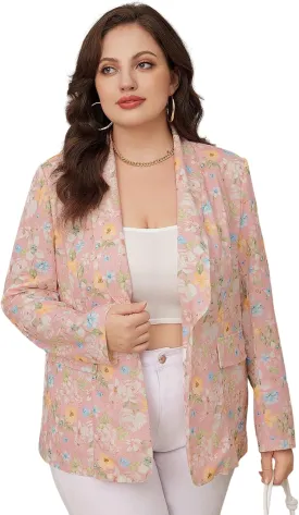 WDIRARA Women's Plus Size Lapel Collar Open Front Graffiti Graphic Button Blazer Jacket