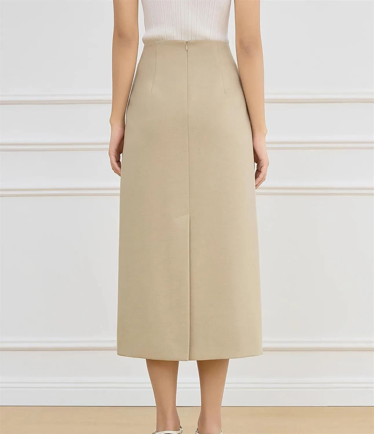 Women Long Back Slit High Waist A-LINE Skirts Spring Office Lady Twill Work Pleated Pencil Skirt