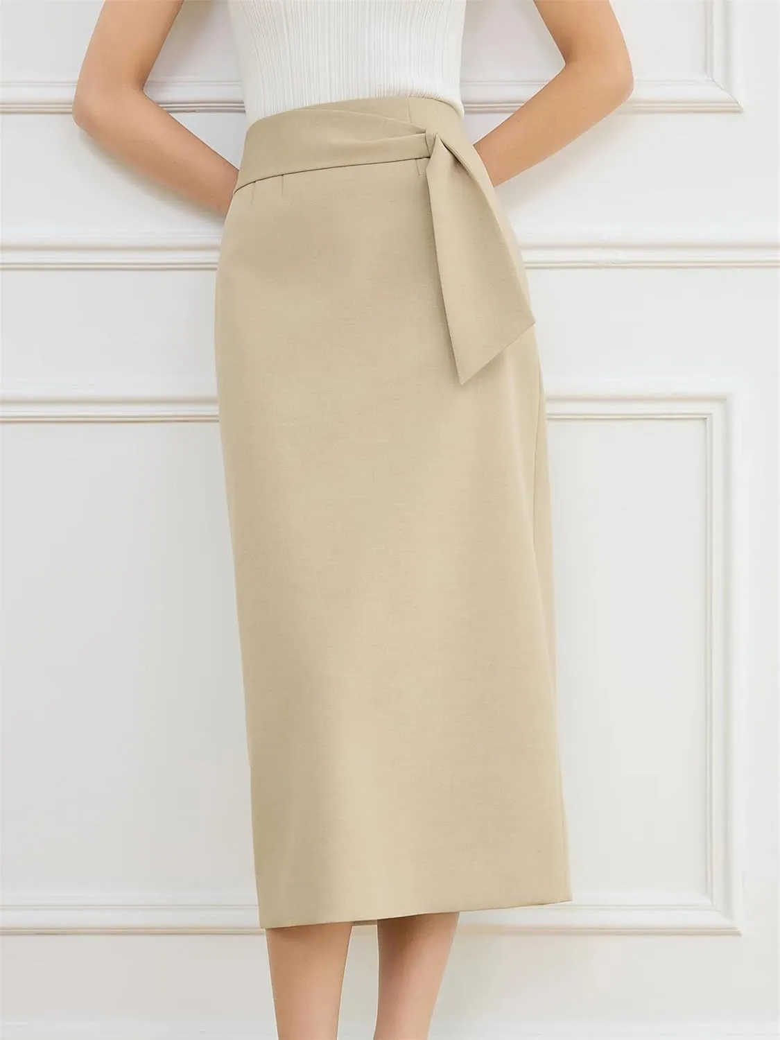 Women Long Back Slit High Waist A-LINE Skirts Spring Office Lady Twill Work Pleated Pencil Skirt